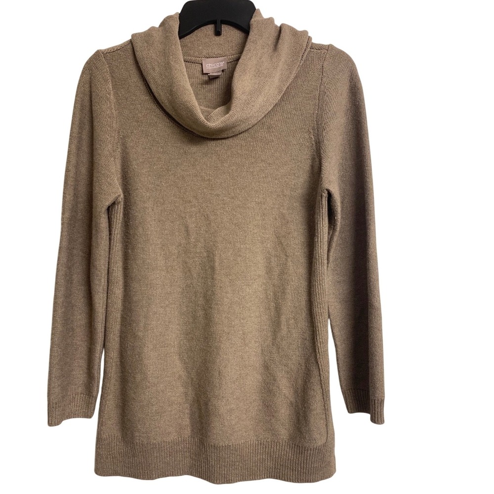 Chicos‎ Cowl Neck Sweater Tunic Taupe Tan Soft Cozy Minimalist Knit Size 0